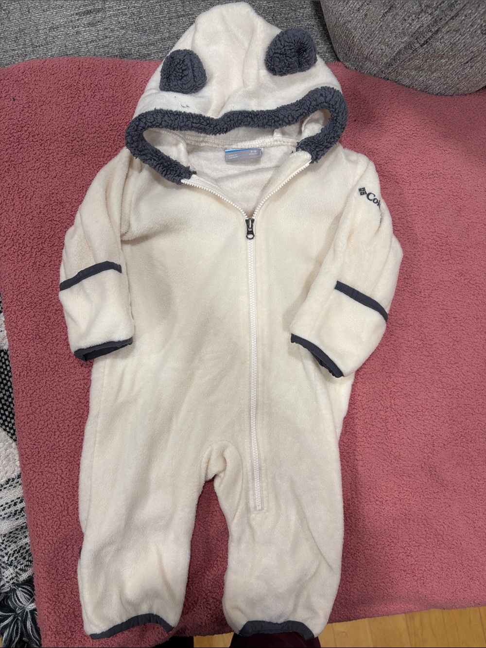 Columbia Cream Fleece Hooded Baby One-Piece with Gray Trim